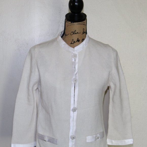 Vintage Millay Ivory Lambswool Angora Satin Cardigan Button Sweater Womens S - Picture 2 of 16